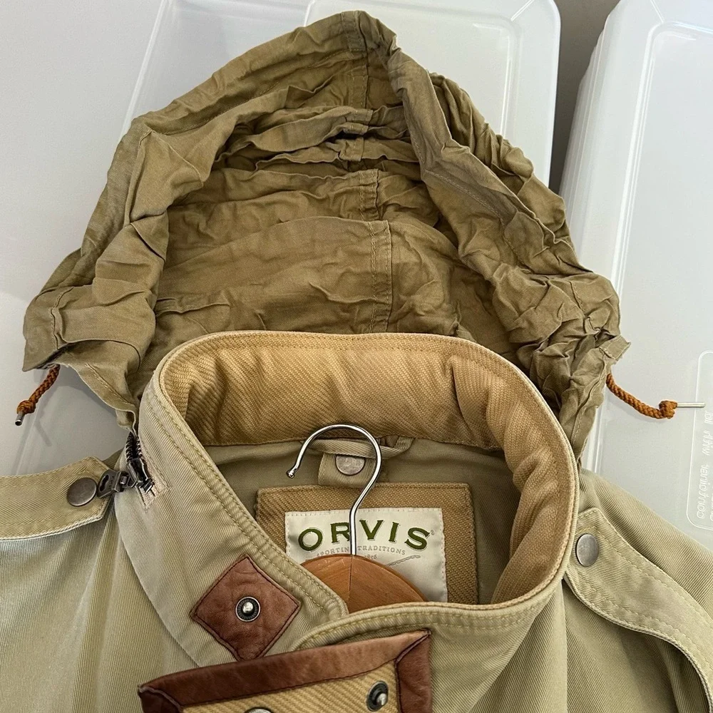 ORVIS Vintage Khaki Beige Chore Canvas Field Utility Jacket Size XL 46-48